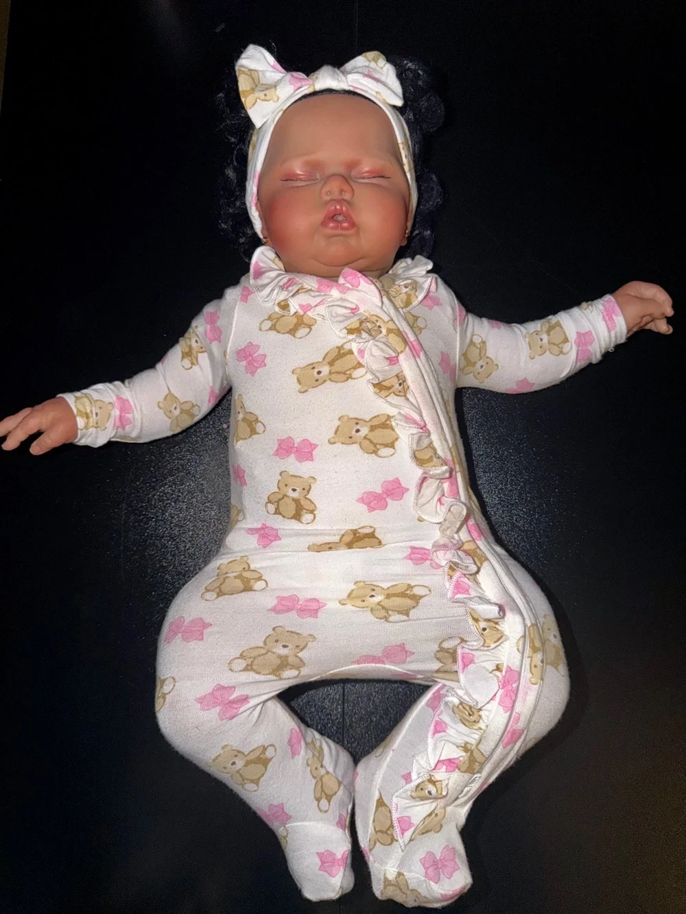 Baby Girls' Pink & Cream Bear Print Footed Pajamas with Headband and blanket